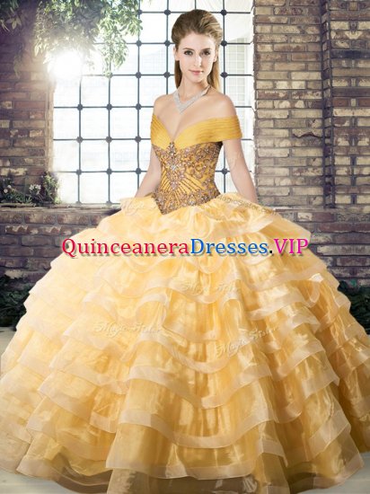 Romantic Gold Ball Gowns Organza Off The Shoulder Sleeveless Beading and Ruffled Layers Lace Up Sweet 16 Dresses Brush Train - Click Image to Close
