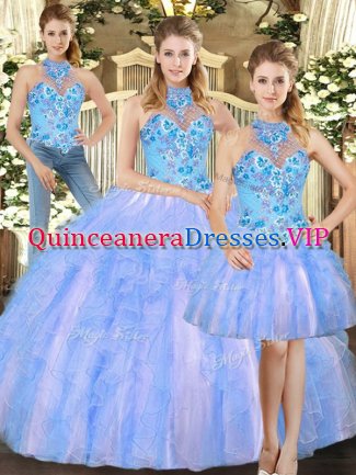 Sleeveless Floor Length Embroidery Lace Up Sweet 16 Dresses with Multi-color