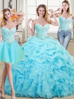 Luxury Three Piece Organza Sleeveless Floor Length Quince Ball Gowns and Beading and Ruffles and Pick Ups(SKU SJQDDT870001-1BIZ)