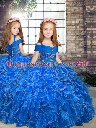 High Class Beading and Ruffles Winning Pageant Gowns Blue Lace Up Sleeveless Floor Length