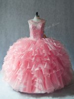 Pink Lace Up Scoop Beading and Ruffles Quinceanera Gown Organza Sleeveless(SKU PSSW1022-11BIZ)