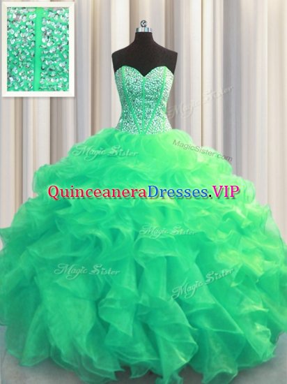 Glamorous Visible Boning Sweetheart Sleeveless Lace Up 15 Quinceanera Dress Turquoise Organza - Click Image to Close