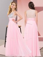 Dazzling Sleeveless Chiffon Floor Length Side Zipper Quinceanera Court Dresses in Baby Pink with Beading
