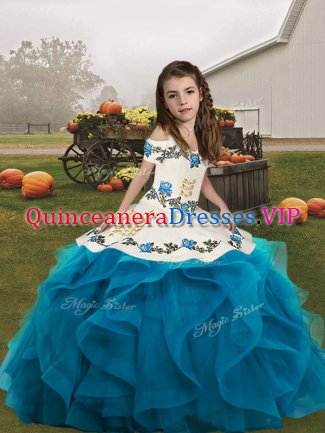 Admirable Straps Sleeveless Little Girl Pageant Dress Floor Length Embroidery and Ruffles Blue Organza