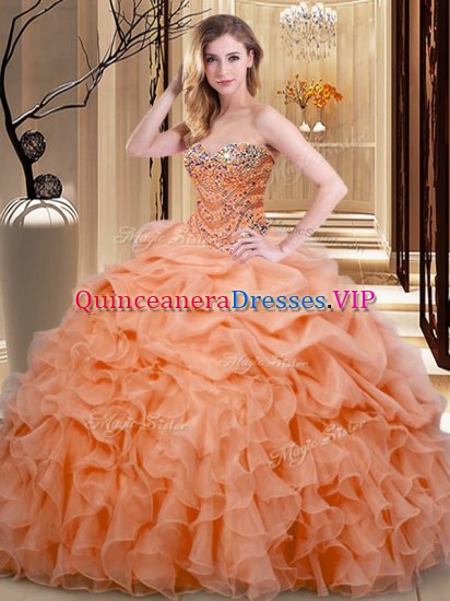 Orange Organza Lace Up Quince Ball Gowns Sleeveless Floor Length Beading and Ruffles and Pick Ups - Click Image to Close