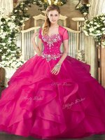 Comfortable Floor Length Lace Up Sweet 16 Quinceanera Dress Hot Pink for Military Ball and Sweet 16 and Quinceanera with Beading and Ruffles