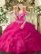 Comfortable Floor Length Lace Up Sweet 16 Quinceanera Dress Hot Pink for Military Ball and Sweet 16 and Quinceanera with Beading and Ruffles