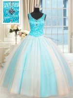 Custom Design Beading Party Dress for Girls White and Blue Lace Up Sleeveless Floor Length