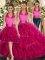 Fuchsia Three Pieces Halter Top Sleeveless Tulle Floor Length Lace Up Ruffles Sweet 16 Dress