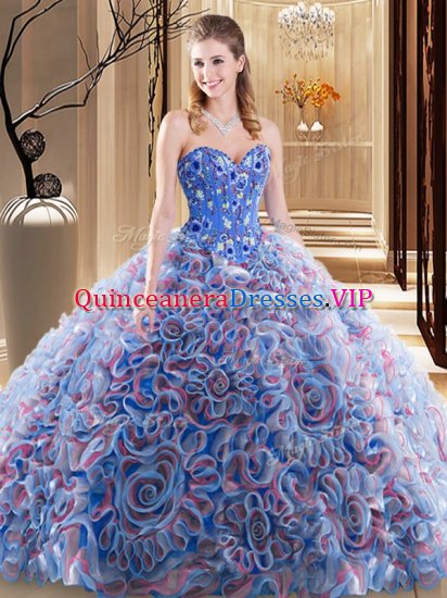Dynamic Multi-color Ball Gowns Embroidery and Ruffles Quinceanera Gown Lace Up Fabric With Rolling Flowers Sleeveless With Train - Click Image to Close