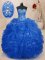 Hot Selling Sleeveless Organza Floor Length Lace Up Military Ball Dresses For Women in Blue with Beading and Ruffles