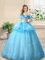 Off the Shoulder Baby Blue Organza Lace Up Quinceanera Dress Sleeveless Floor Length Beading and Appliques