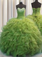 Pretty Beaded Bust Sweetheart Sleeveless Organza Ball Gown Prom Dress Beading and Ruffles Lace Up