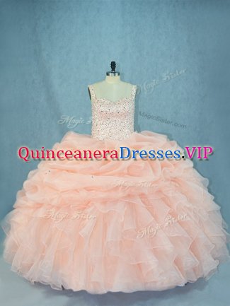Hot Sale Peach Ball Gowns Organza Straps Sleeveless Beading Lace Up Vestidos de Quinceanera