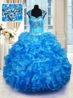 Beading and Ruffles Quinceanera Dresses Baby Blue Lace Up Cap Sleeves Floor Length