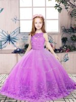 On Sale Lilac Sleeveless Floor Length Lace and Appliques Backless High School Pageant Dress