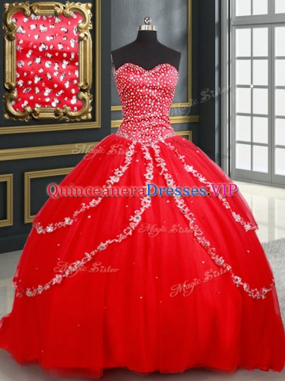 Red Tulle Lace Up Quinceanera Gowns Sleeveless Beading and Appliques - Click Image to Close