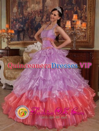 Cedar Hill TX Lavender Halter Discount Quinceanera Dress With Ruffles Organza Beading For Graduation