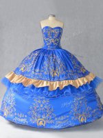 Glorious Blue Quince Ball Gowns Sweet 16 and Quinceanera with Embroidery and Bowknot Sweetheart Sleeveless Lace Up