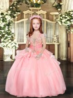 Glorious Floor Length Pink Pageant Dress for Teens Organza Sleeveless Beading and Ruffles(SKU PAG1087-2BIZ)