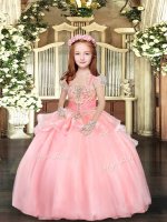 Glorious Floor Length Pink Pageant Dress for Teens Organza Sleeveless Beading and Ruffles