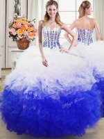 Free and Easy Blue And White Lace Up 15 Quinceanera Dress Beading and Ruffles Sleeveless Floor Length
