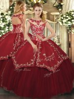 Gorgeous Satin and Tulle Scoop Cap Sleeves Lace Up Beading and Appliques and Embroidery Quinceanera Dresses in Wine Red(SKU SJQDDT1176002BIZ)