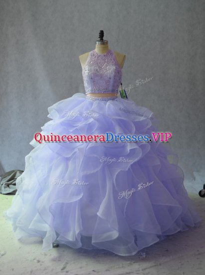 Delicate Halter Top Sleeveless Quinceanera Gowns Floor Length Beading and Ruffles Lavender Organza - Click Image to Close
