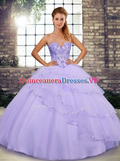 Inexpensive Sleeveless Beading and Ruffled Layers Lace Up Ball Gown Prom Dress with Lavender Brush Train - Click Image to Close