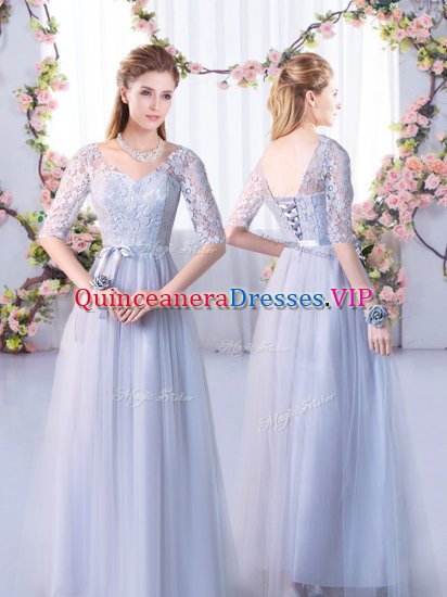 Grey Empire V-neck Half Sleeves Tulle Floor Length Lace Up Lace Vestidos de Damas - Click Image to Close