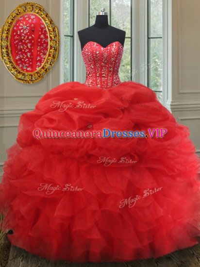 Red Organza Lace Up Quince Ball Gowns Sleeveless Beading and Ruffles and Pick Ups - Click Image to Close