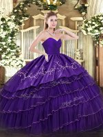 Fine Purple Sleeveless Floor Length Embroidery and Ruffled Layers Zipper Sweet 16 Quinceanera Dress
