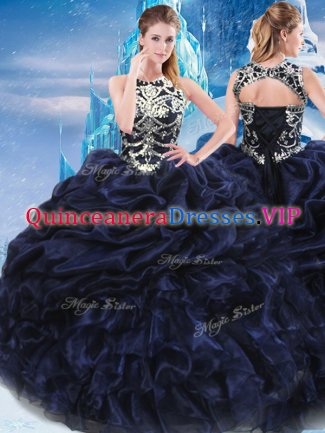 Customized Taffeta High-neck Sleeveless Lace Up Appliques and Ruffles and Pick Ups Sweet 16 Dresses in Navy Blue