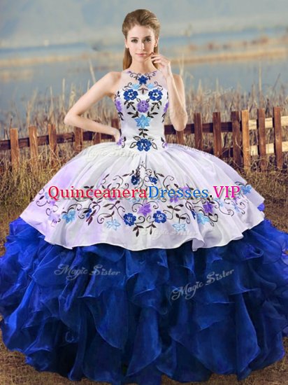 Halter Top Sleeveless Lace Up Ball Gown Prom Dress Blue And White Organza - Click Image to Close