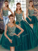 Dynamic Sleeveless Floor Length Beading and Appliques Lace Up 15th Birthday Dress with Peacock Green
