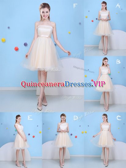 Pretty Champagne Tulle Lace Up Strapless Sleeveless Knee Length Quinceanera Court of Honor Dress Bowknot - Click Image to Close