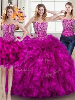 Three Piece Fuchsia Sleeveless Brush Train Beading and Ruffles Sweet 16 Dress