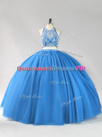 Luxurious Blue Two Pieces Beading Quinceanera Dresses Backless Tulle Sleeveless Floor Length - Click Image to Close