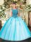 New Style Aqua Blue Ball Gowns Tulle Scoop Cap Sleeves Beading and Appliques Floor Length Zipper Quinceanera Dress