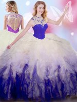 Luxurious White And Purple Sleeveless Floor Length Beading and Ruffles Zipper Ball Gown Prom Dress