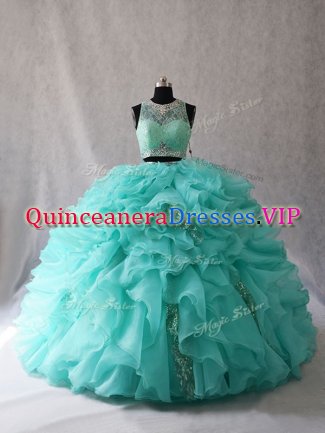 Admirable Aqua Blue Ball Gowns Organza Scoop Sleeveless Beading and Ruffles Zipper Ball Gown Prom Dress Brush Train