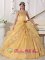 Embroidery with Beading Decorate Organza Popular Gold Quinceanera Dress with hand made flower