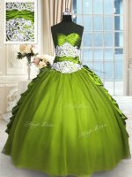 Flirting Beading and Lace and Appliques and Ruching Ball Gown Prom Dress Olive Green Lace Up Sleeveless Floor Length