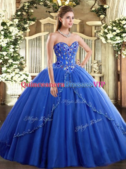 Spectacular Sweetheart Sleeveless Quinceanera Dresses Brush Train Appliques and Embroidery Blue Tulle - Click Image to Close