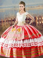 Luxury White And Red Lace Up V-neck Embroidery and Ruffled Layers Sweet 16 Dresses Satin Sleeveless(SKU XBQD164-8BIZ)