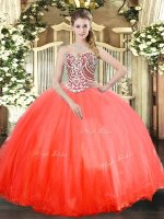 Cheap Sleeveless Tulle Floor Length Lace Up Ball Gown Prom Dress in Coral Red with Beading