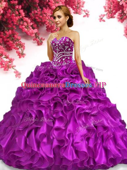 Custom Fit Fuchsia Lace Up Sweetheart Beading and Ruffles Quinceanera Gowns Organza Sleeveless - Click Image to Close