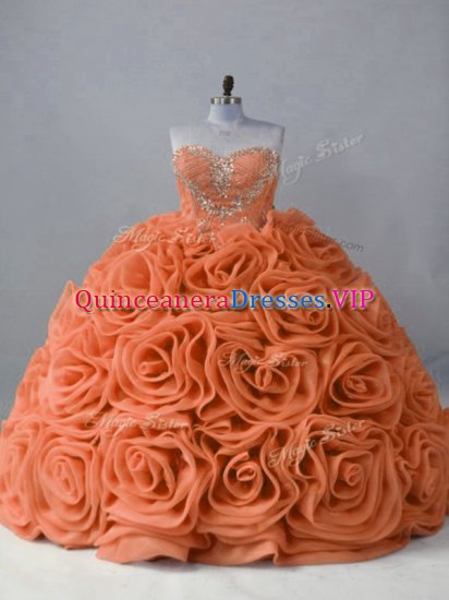 Graceful Brush Train Ball Gowns 15th Birthday Dress Orange Sweetheart Fabric With Rolling Flowers Sleeveless Lace Up - Click Image to Close