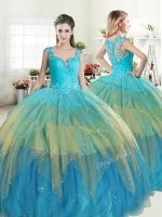 Modern Multi-color 15 Quinceanera Dress Military Ball and Sweet 16 and Quinceanera with Beading and Ruffled Layers Straps Sleeveless Zipper