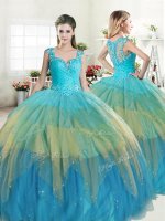 Modern Multi-color 15 Quinceanera Dress Military Ball and Sweet 16 and Quinceanera with Beading and Ruffled Layers Straps Sleeveless Zipper(SKU YYPJ038BIZ)